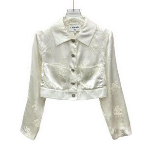 Chanel Ivory Floral Satin Cropped Jacket Size 34 Made In Italy